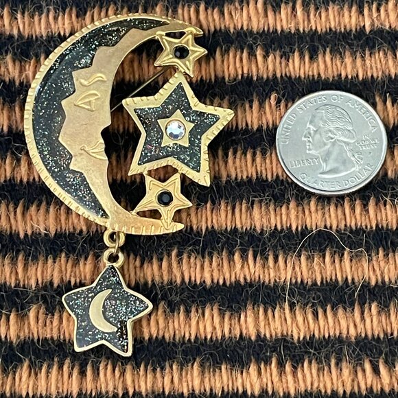 Vintage Newpro Crescent Moon and Stars Gold Tone and Glitter Brooch Pin - Picture 5 of 5